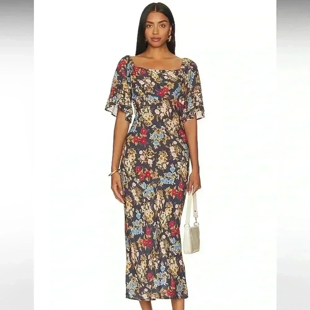 NWT Spell Flora Midi Flutter Sleeve Floral Dress Mystic S